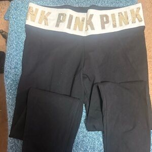 Victoria's Secret PINK Black Leggings with White & Gold Waistband